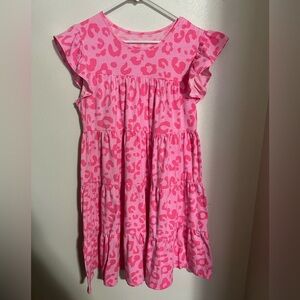 NO BRAND Cute Tiered Leopard Print Ruffle Sleeve Modest Dress Pink Girl's Size M